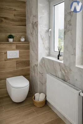 Toilettes; carrelage, lumière naturelle, rénové, style moderne