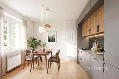 Kuchyně; výhled, dřevěná podlaha, přirozené světlo, moderní styl