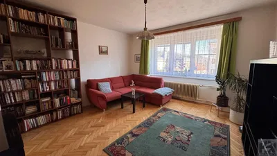 Obývací pokoj; dřevěná podlaha, přirozené světlo, rustikální styl