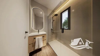 Banyo; doğal ışık, modern stil, ahşap zemin
