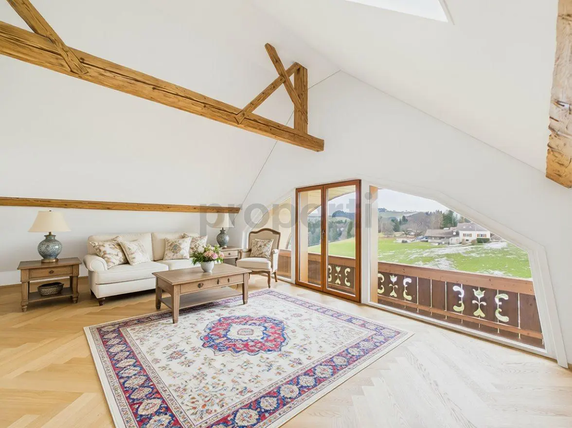 Wohnzimmer; blick, holzbalken, holzboden, tageslicht, rustikaler stil