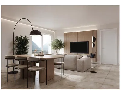 Salon; vue, lumière naturelle, style moderne, carrelage