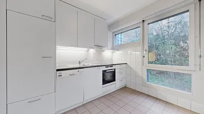 Küche; küchengeräte, tageslicht, blick, fliesenboden