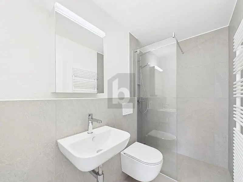 Badezimmer; fliesenboden, renoviert, tageslicht, moderner stil