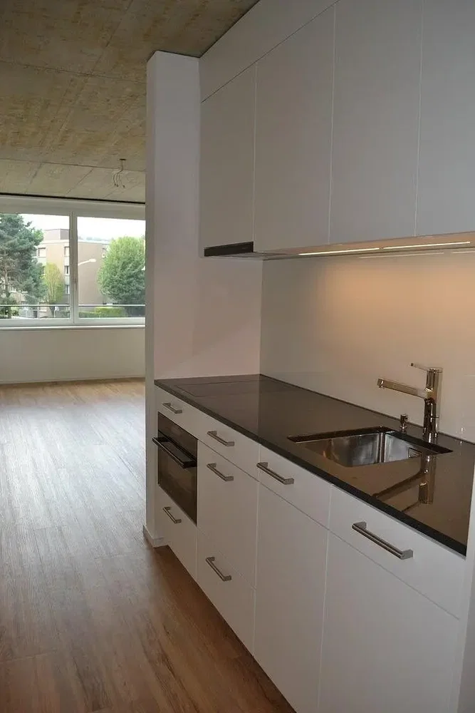 Küche; küchengeräte, blick, holzboden, renoviert, tageslicht