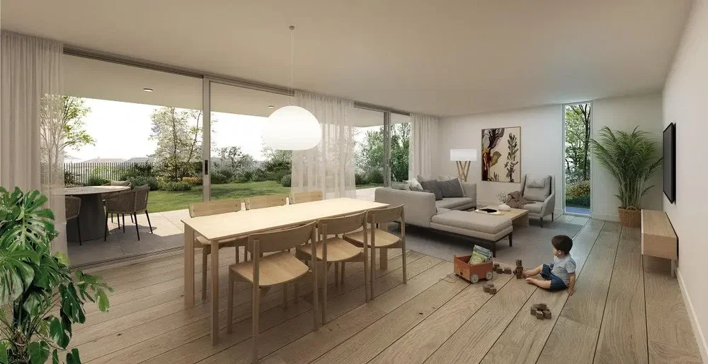 Wohnzimmer; tageslicht, holzboden, moderner stil