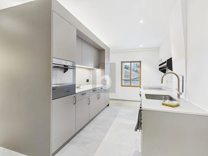 Cucina; elettrodomestici, luce naturale, stile moderno, pavimento in piastrelle, vista