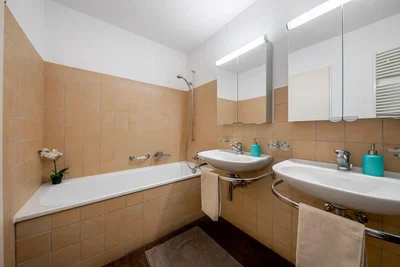 Badezimmer; fliesenboden, tageslicht, renoviert