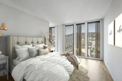 Schlafzimmer; blick, holzboden, tageslicht, moderner stil