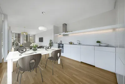 Küche; holzboden, tageslicht, moderner stil