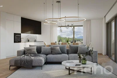 Oturma odası; manzara, ahşap zemin, doğal ışık, modern stil