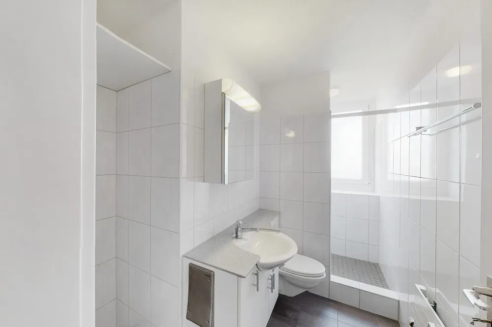 Badezimmer; fliesenboden, tageslicht, renoviert