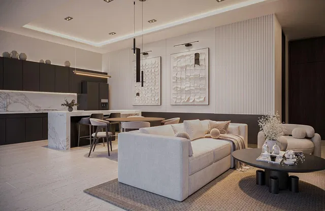 Living room; modern style, natural light, tile floor