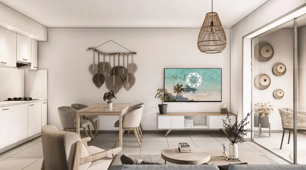 Salón; suelo de baldosas, luz natural, estilo moderno