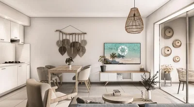 Salón; suelo de baldosas, luz natural, estilo moderno