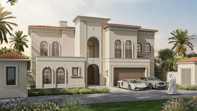 House and surroundings; view