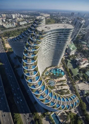 House and surroundings; view, high ceiling, wood floor, tile floor, natural light