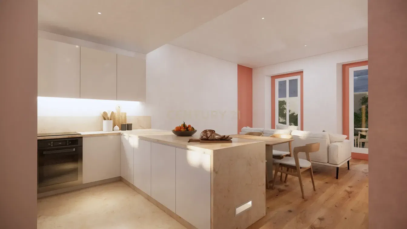 Kuhinja; kuhinjski aparati, prirodno svjetlo, moderni stil, drveni pod