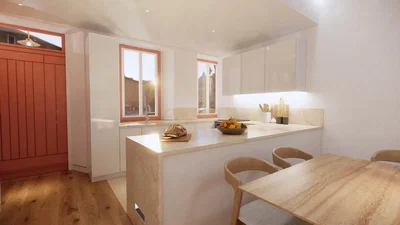 Küche; blick, küchengeräte, tageslicht, moderner stil, holzboden