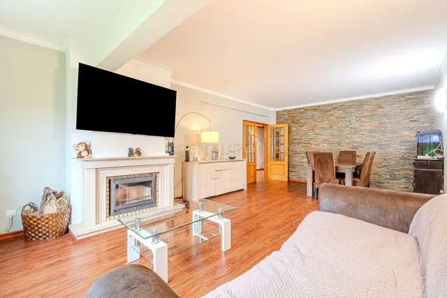 Salón; chimenea, suelo de madera, luz natural