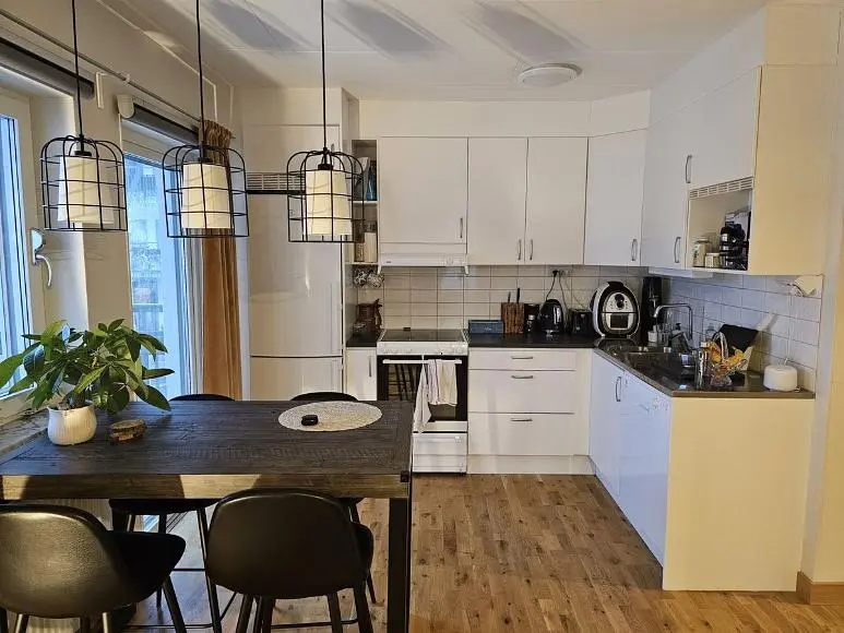 Kuhinja; drveni pod, prirodno svjetlo, moderni stil, kuhinjski aparati