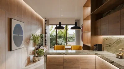 Cuisine; vue, lumière naturelle, style moderne