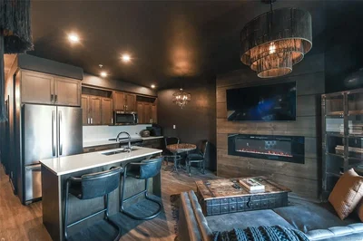 Oturma odası; mutfak aletleri, şömine, ahşap zemin, modern stil, doğal ışık