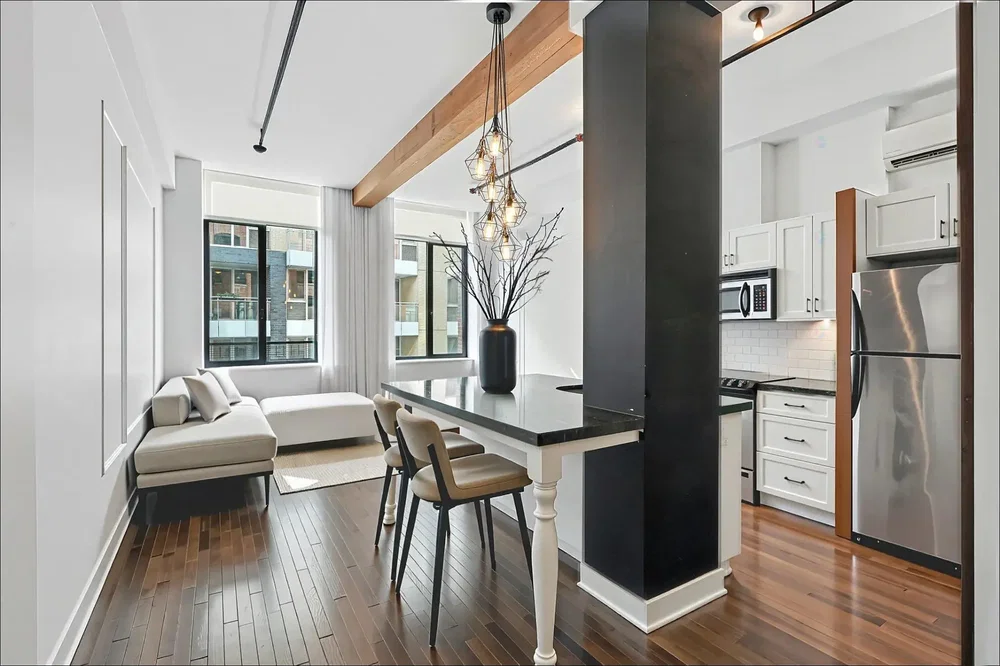 Salon; vue, parquet, style moderne, lumière naturelle, électroménager