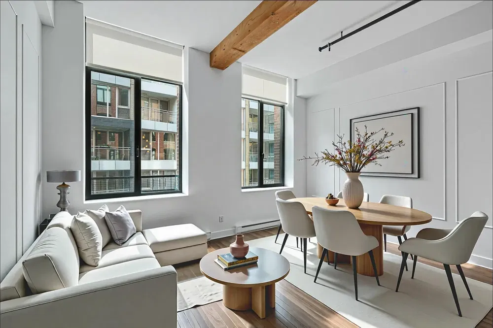 Salon; lumière naturelle, poutres en bois, parquet, style moderne