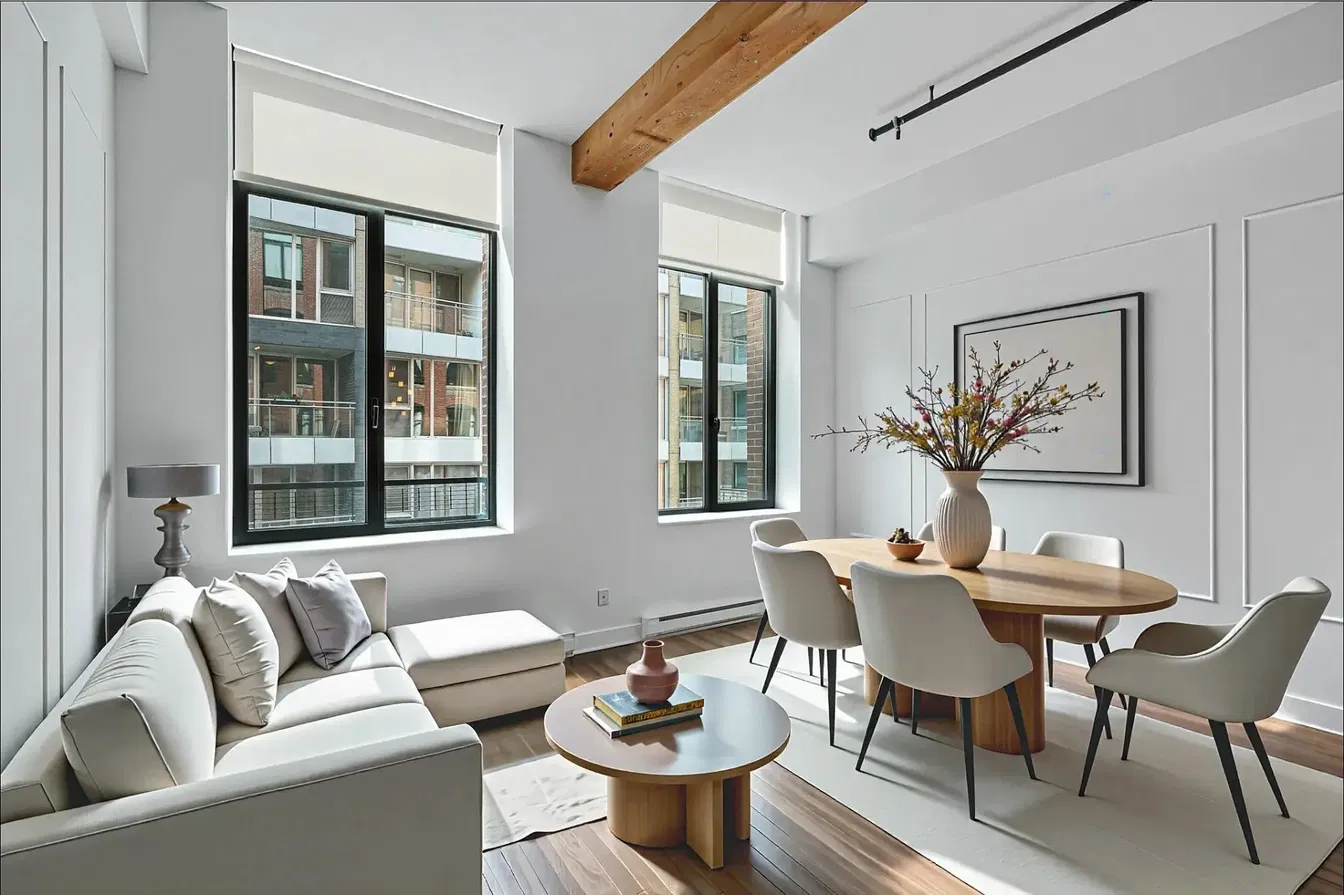 Salon; lumière naturelle, poutres en bois, parquet, style moderne