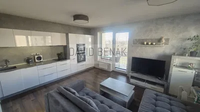 Wohnzimmer; küchengeräte, tageslicht, moderner stil, holzboden