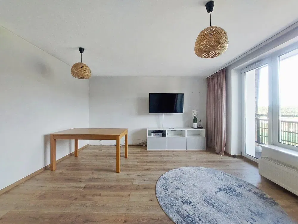 Obývací pokoj; dřevěná podlaha, přirozené světlo, moderní styl