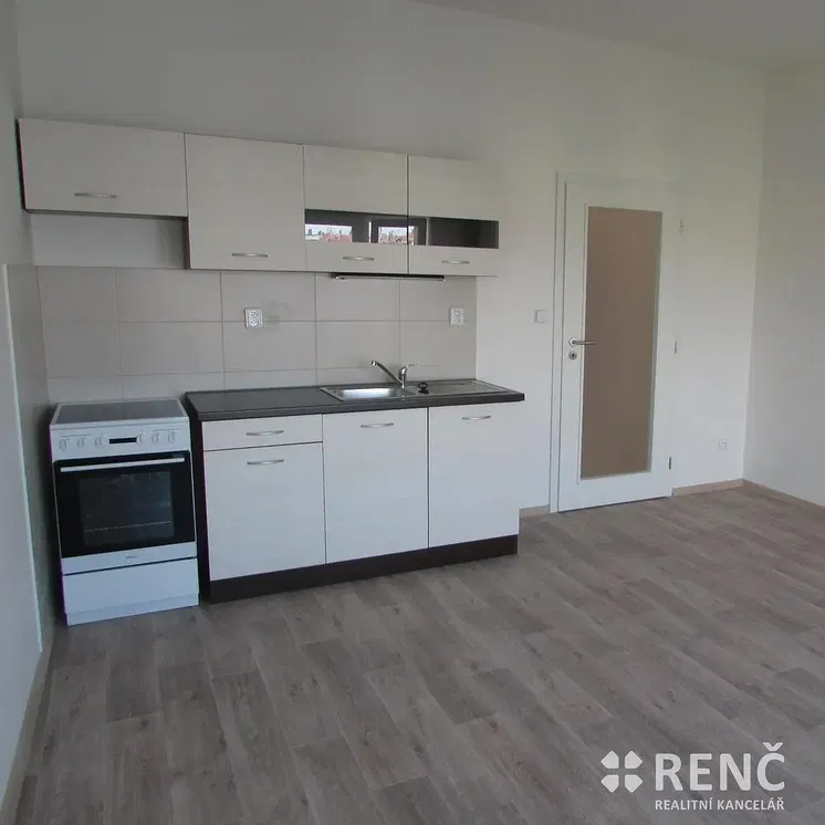 Kuchyně; kuchyňské spotřebiče, dlažba, dřevěná podlaha, po rekonstrukci, přirozené světlo