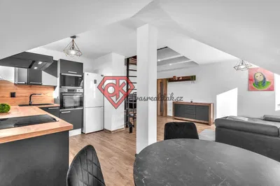 Obývací pokoj; kuchyňské spotřebiče, přirozené světlo, moderní styl