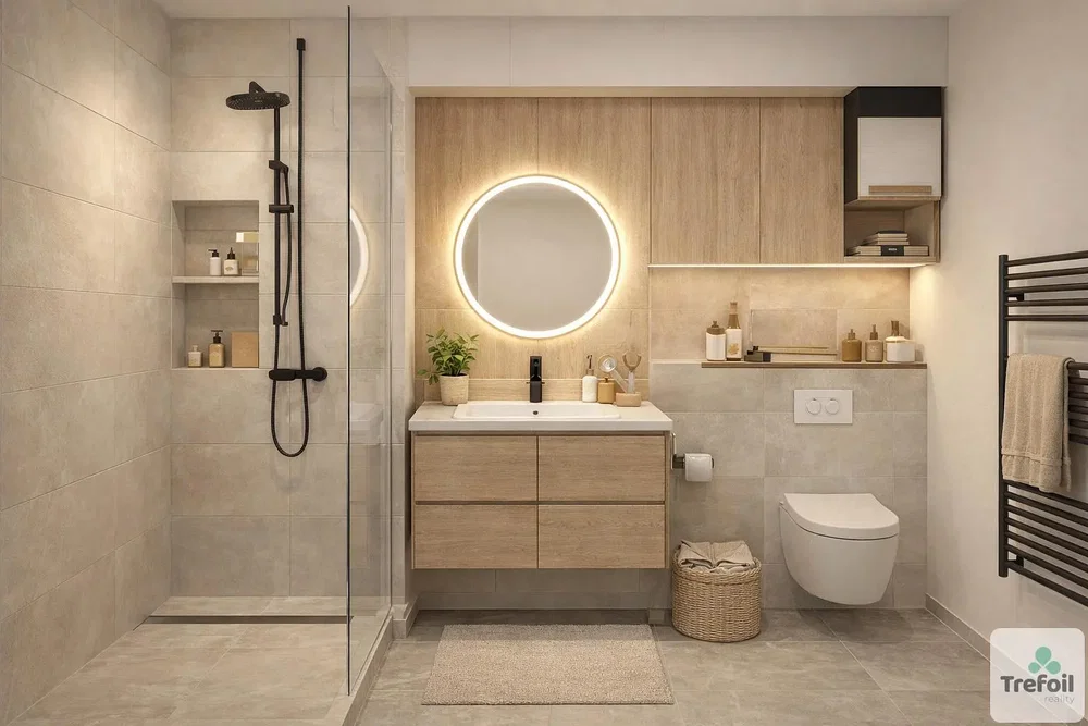 Salle de bain; carrelage, rénové, lumière naturelle, style moderne