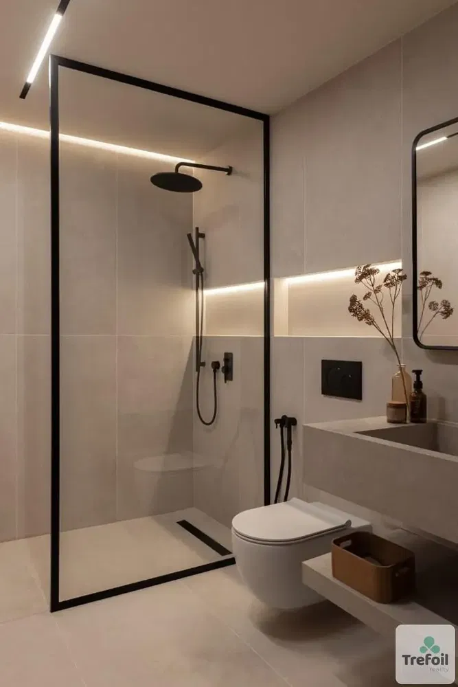 Badkamer; tegelvloer, gerenoveerd, natuurlijk licht, moderne stijl