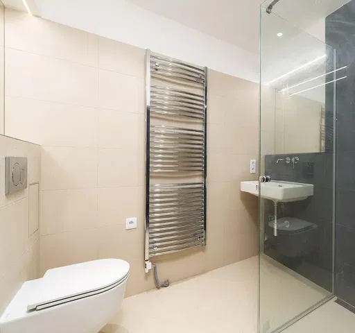 Toilettes; carrelage, rénové, lumière naturelle, style moderne