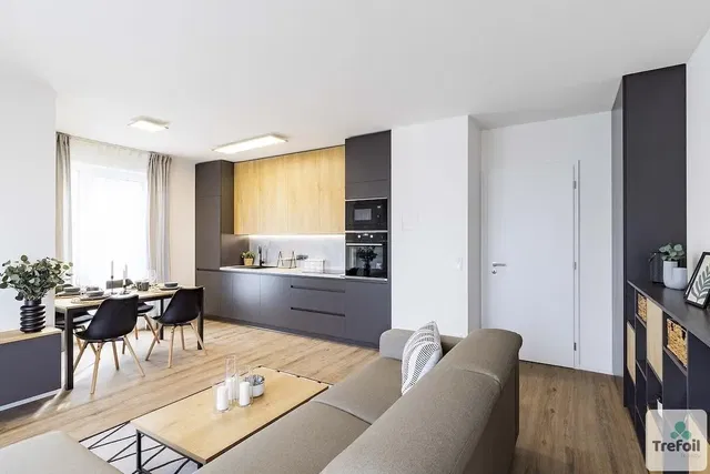 Living room; natural light, modern style, wood floor, kitchen appliances