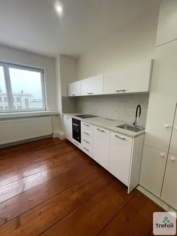 Cucina; elettrodomestici, vista, pavimento in legno, ristrutturato, luce naturale