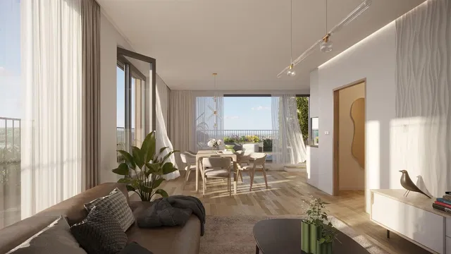 Living room; view, wood floor, natural light, modern style