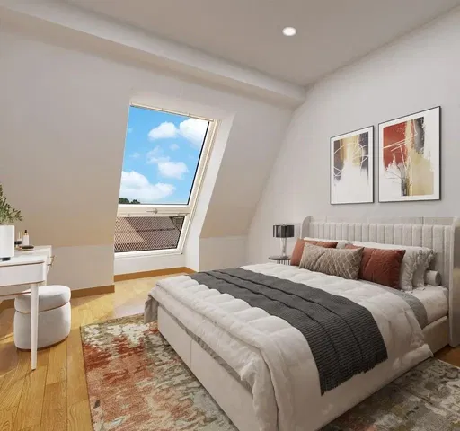 Спаваћа соба; поглед, природно светло, модерни стил, дрвени под