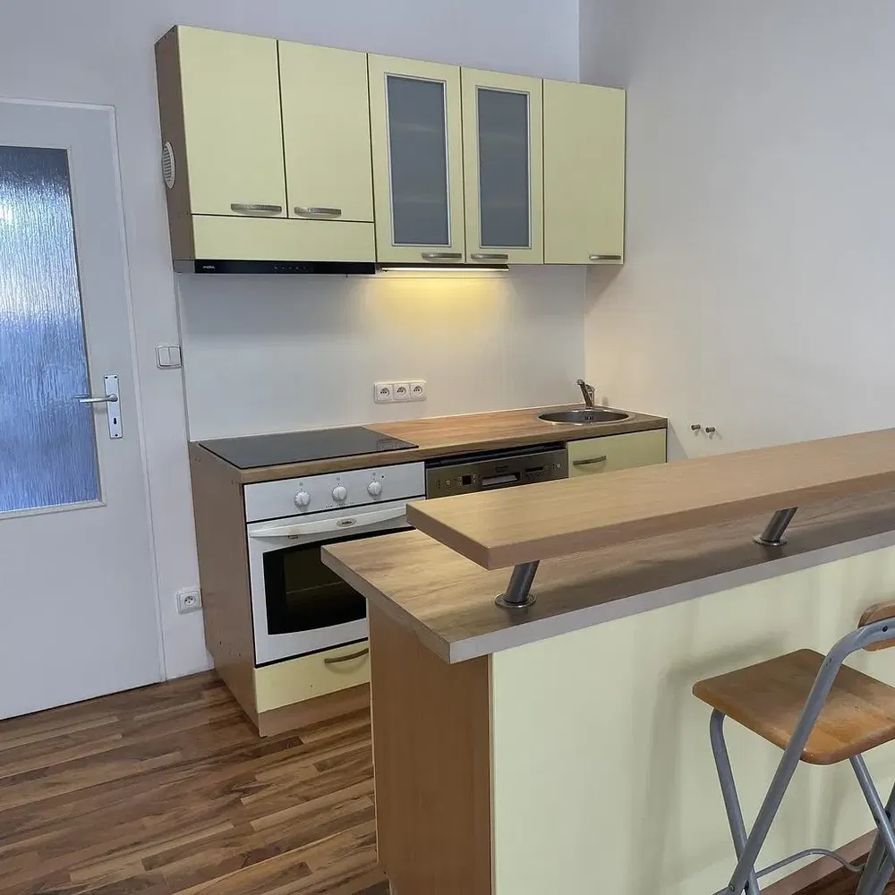 Kuchyně; kuchyňské spotřebiče, dlažba, dřevěná podlaha, po rekonstrukci, přirozené světlo, moderní styl