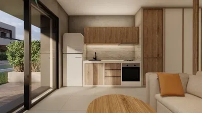 Дневна соба; поглед, кухињски апарати, природно светло, модерни стил