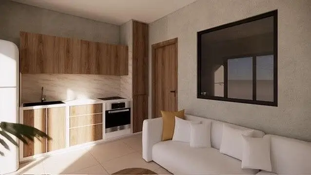 Дневна соба; кухињски апарати, природно светло, модерни стил