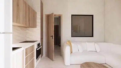 Дневна соба; кухињски апарати, природно светло, модерни стил