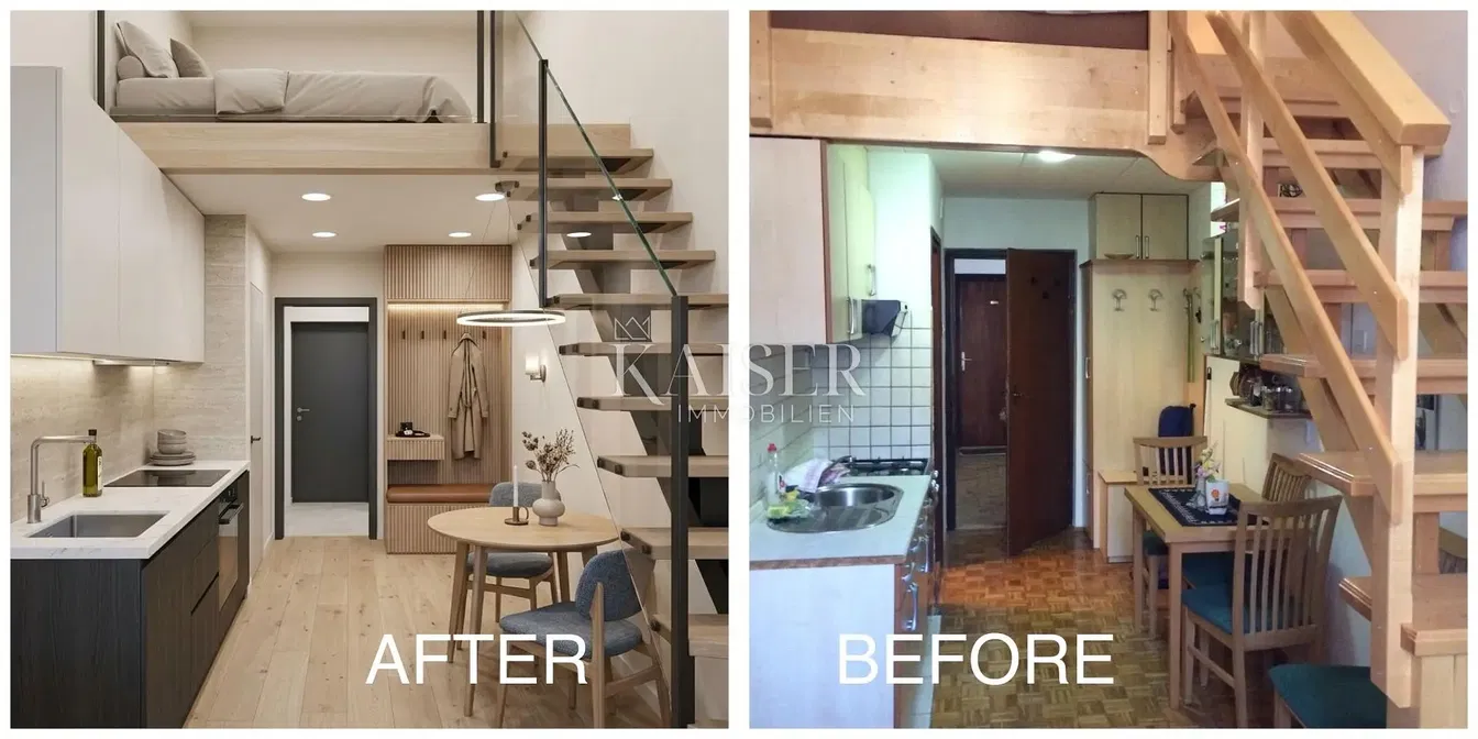 Cuisine; rénové, parquet, style moderne, lumière naturelle