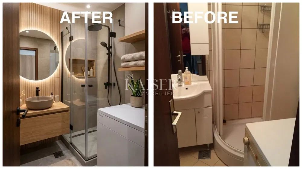 Salle de bain; rénové, nécessite rénovation, carrelage, lumière naturelle