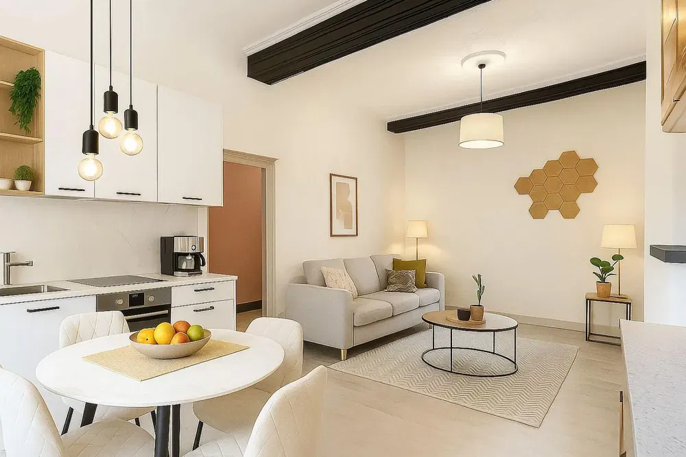 Oturma odası; doğal ışık, modern stil, mutfak aletleri