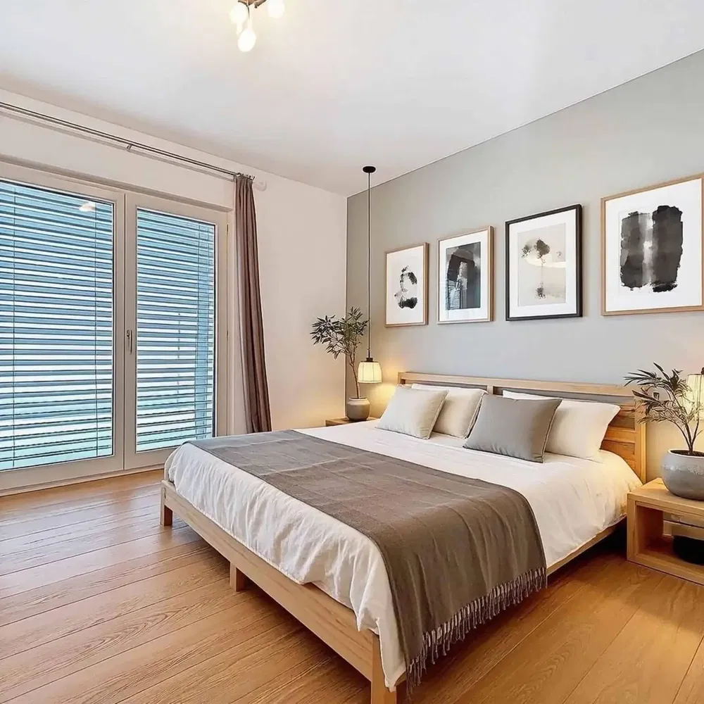 Yatak odası; ahşap zemin, doğal ışık, modern stil