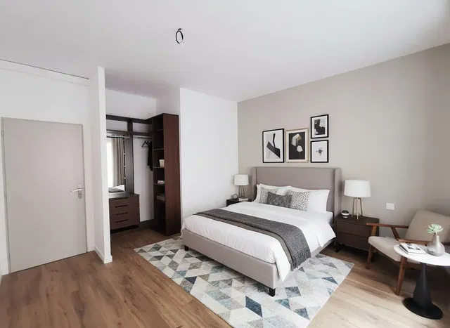 Slaapkamer; houten vloer, natuurlijk licht, moderne stijl